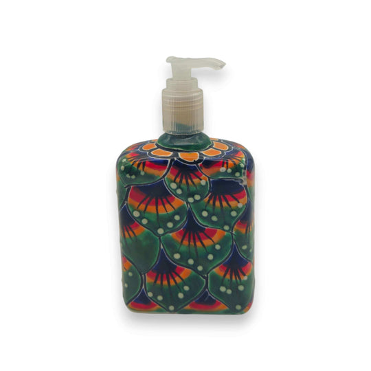 Peacock Feather Talavera Soap Dispenser | Hand-Painted Ceramic hand-painted green peacock feather design ceramic pump, Guanajuato craftsmanship