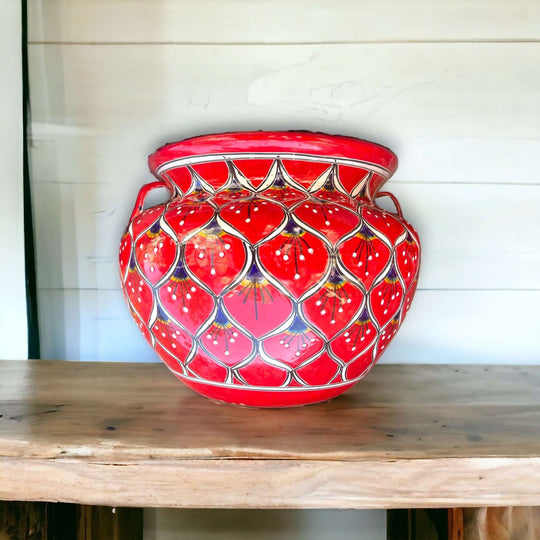 Hand-Painted Talavera Peacock Flower Pot | Extra Large Planter Decor - red hand-painted Talavera peacock design, kiln-fired, lead-free glaze, extra large planter