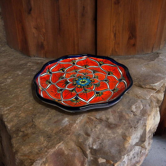 Talavera Serving Plate | Hand-Painted Peacock Design on rustic stone, vibrant red traditional Talavera peacock motif