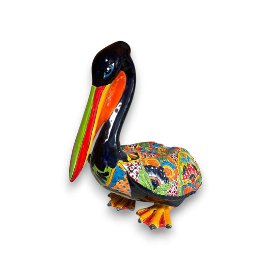 Talavera Pelican Statue | Hand-Painted Mexican Ceramic Decor - vibrant hand-painted colorful ceramic pelican with floral and geometric patterns