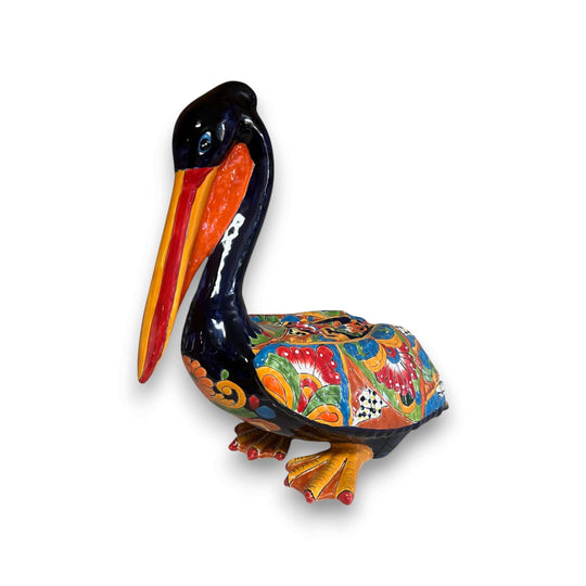 Talavera Pelican Statue | Hand-Painted Mexican Ceramic Decor - colorful hand-painted Talavera pelican with floral geometric patterns