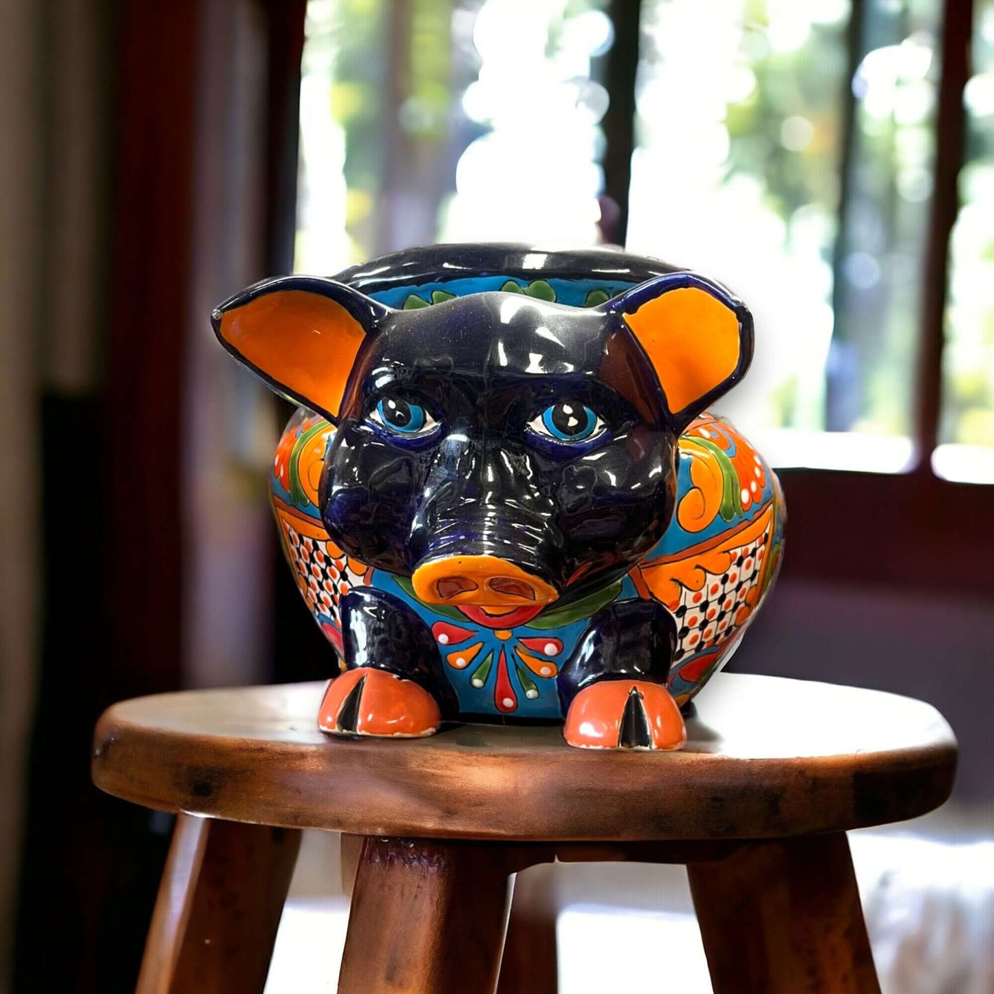 Talavera Pig Planter | Colorful Hand-Painted Mexican Animal Pot - glossy hand-painted floral ceramic pig planter from Guanajuato, Mexico