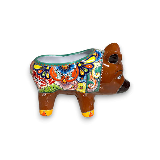 Talavera Pig Planter | Colorful Hand-Painted Mexican Pottery - handcrafted colorful pig-shaped ceramic planter with floral Talavera design