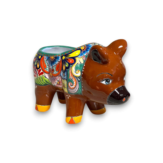 Talavera Pig Planter | Colorful Hand-Painted Mexican Pottery - hand-painted brown pig planter with floral Talavera motifs, lead-free glaze
