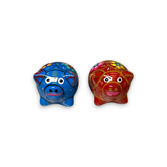 Set of 2 Pig Salt and Pepper Shakers | Hand-Painted Mexican Pottery - hand-painted blue and red ceramic pig shakers with floral patterns