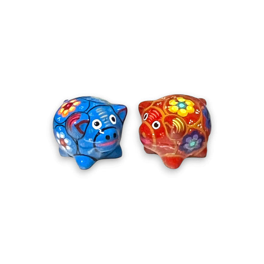 Set of 2 Pig Salt and Pepper Shakers | Hand-Painted Mexican Pottery - hand-painted blue and red floral Talavera pig shakers