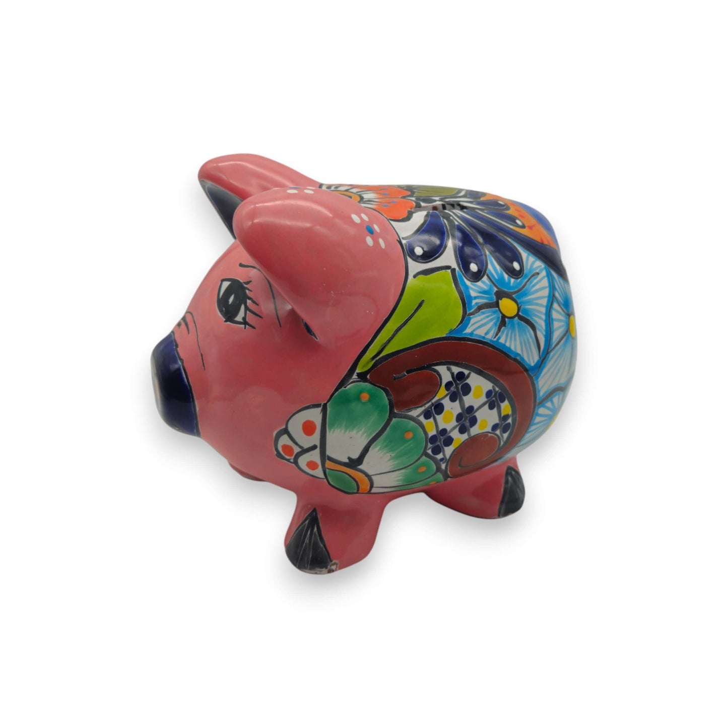 Hand-Painted Talavera Piggy Bank | Mexican Folk Art Design – bright pink hand-painted Talavera ceramic piggy bank with floral and geometric patterns