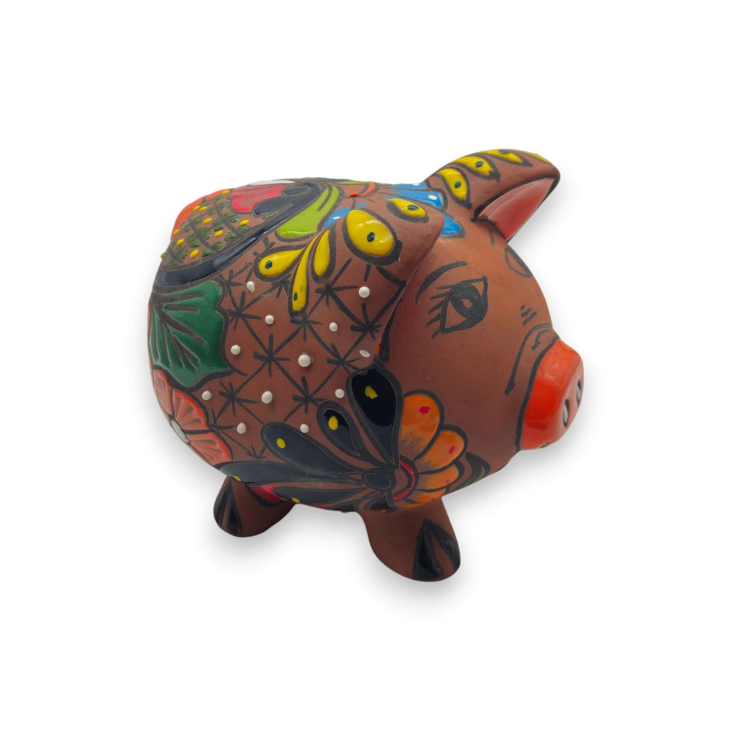 Hand-Painted Talavera Piggy Bank | Mexican Folk Art Design - hand-painted kiln-fired Talavera piggy bank with vibrant floral and geometric patterns from Guanajuato