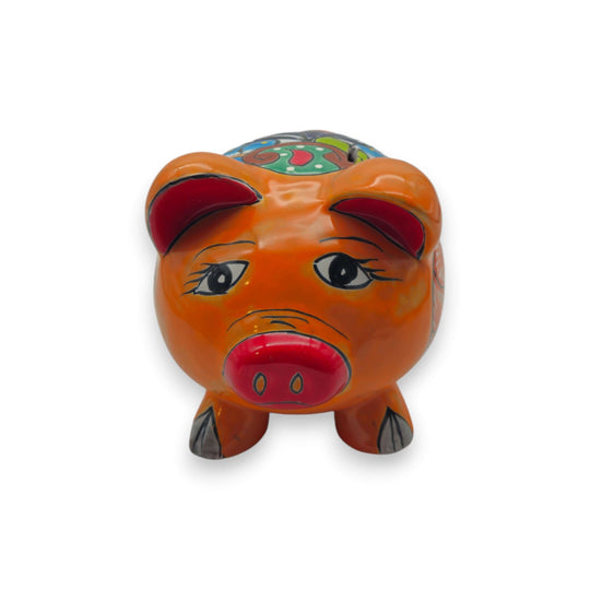 Hand-Painted Talavera Piggy Bank | Mexican Folk Art Design — orange hand-painted Talavera piggy bank with floral and geometric patterns, kiln-fired lead-free glaze