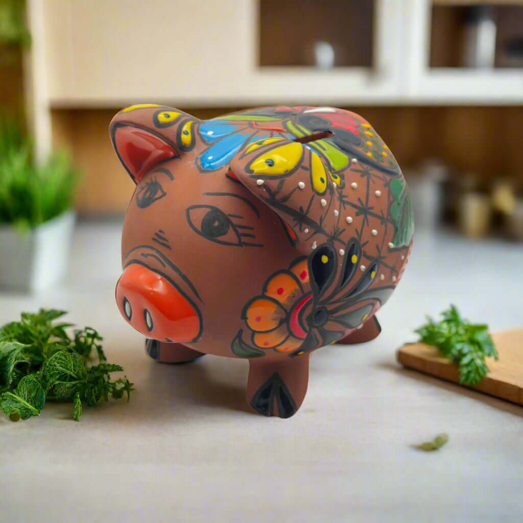 Hand-Painted Talavera Piggy Bank | Mexican Folk Art Design - hand-painted Talavera floral piggy bank from Guanajuato, lead-free glaze