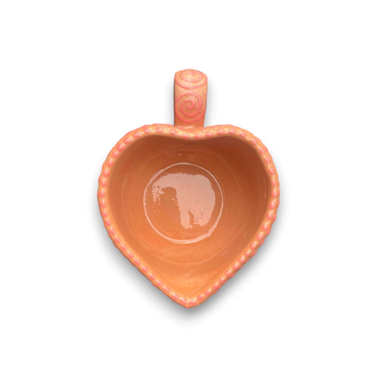 Talavera Heart Mug | Hand-Painted Pink Mexican Coffee Cup - top view of hand-painted pink heart-shaped ceramic coffee mug with handle