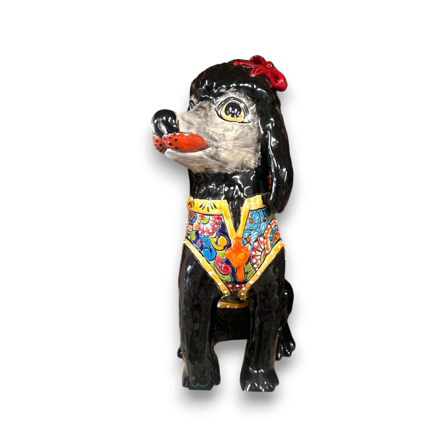 Talavera Poodle Statue | Hand-Painted Mexican Dog Decor - black hand-painted Talavera ceramic poodle with colorful floral chest panel
