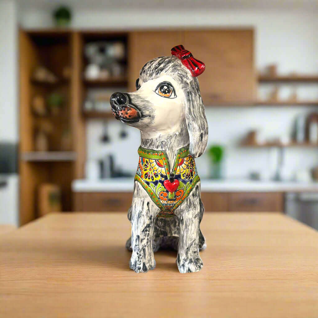 Talavera Poodle Statue | Hand-Painted Mexican Dog Decor — artisan hand-painted ceramic poodle from Guanajuato with colorful Talavera pattern