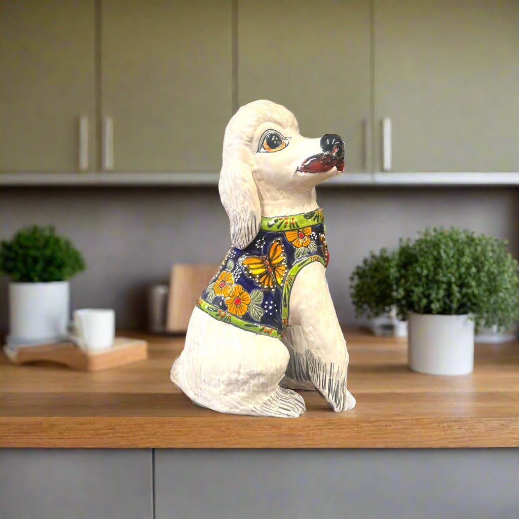 Talavera Poodle Statue | Hand-Painted Mexican Dog Decor - white hand-painted ceramic poodle with floral Talavera pattern on kitchen counter