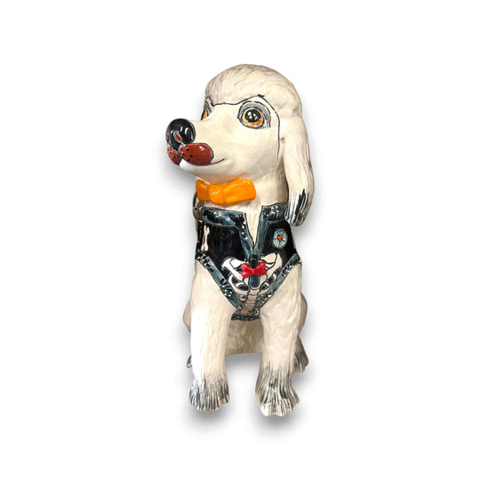 Talavera Poodle Statue | Hand-Painted Mexican Dog Decor - white hand-painted ceramic poodle with orange bow tie and detailed Talavera patterns