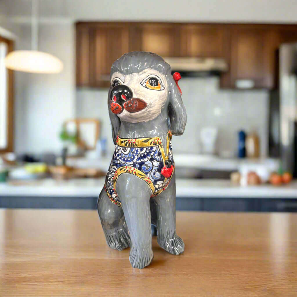Talavera Poodle Statue | Hand-Painted Mexican Dog Decor - gray hand-painted Talavera ceramic poodle with floral details, kitchen countertop display