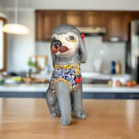 Talavera Poodle Statue | Hand-Painted Mexican Dog Decor - gray hand-painted Talavera ceramic poodle with floral details, kitchen countertop display