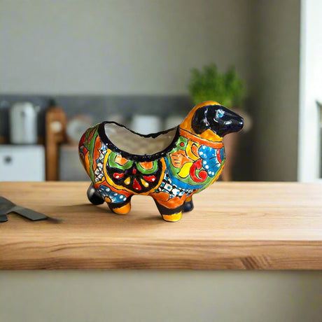 Talavera Ram Planter | Hand-Painted Mexican Ceramic Sheep Pot - colorful hand-painted Talavera sheep planter with black face and floral patterns