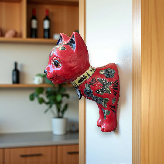 Talavera Cat Wall Planter | Hand-Painted Ceramic Art red hand-painted cat-shaped wall planter with floral and butterfly motifs