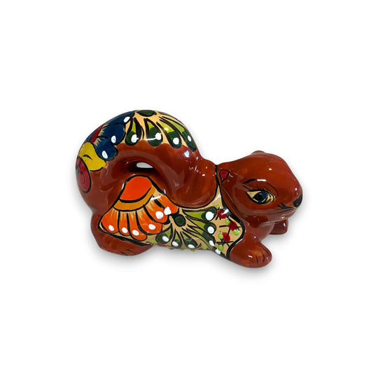 Talavera Squirrel Statue | Colorful Hand-Painted Mexican Figurine - hand-painted red Talavera squirrel with raised tail and multicolor floral accents