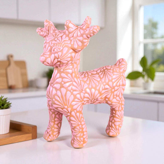 Talavera Reindeer Trio | Hand-Painted Christmas Relief Set - hand-painted pink floral relief reindeer statues, kiln-fired lead-free glaze, Mexican folk art