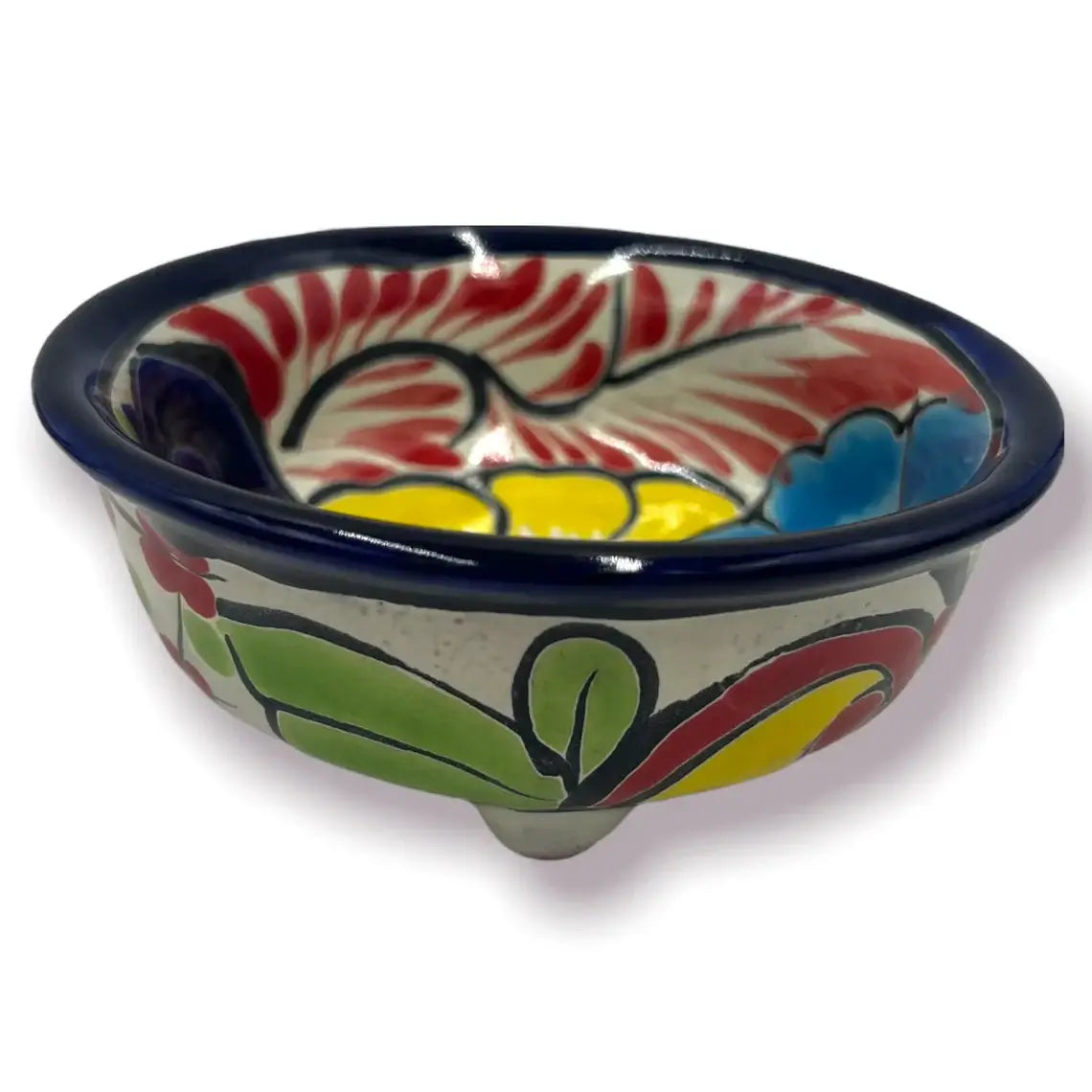 Talavera Salsa Bowl | Hand-Painted Mexican Ceramic Sauce Dish — hand-painted floral Talavera ceramic salsa bowl with cobalt rim