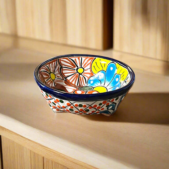 Talavera Salsa Bowl | Hand-Painted Mexican Ceramic Sauce Dish — hand-painted floral Talavera salsa bowl with cobalt rim, lead-free glazed, from Guanajuato