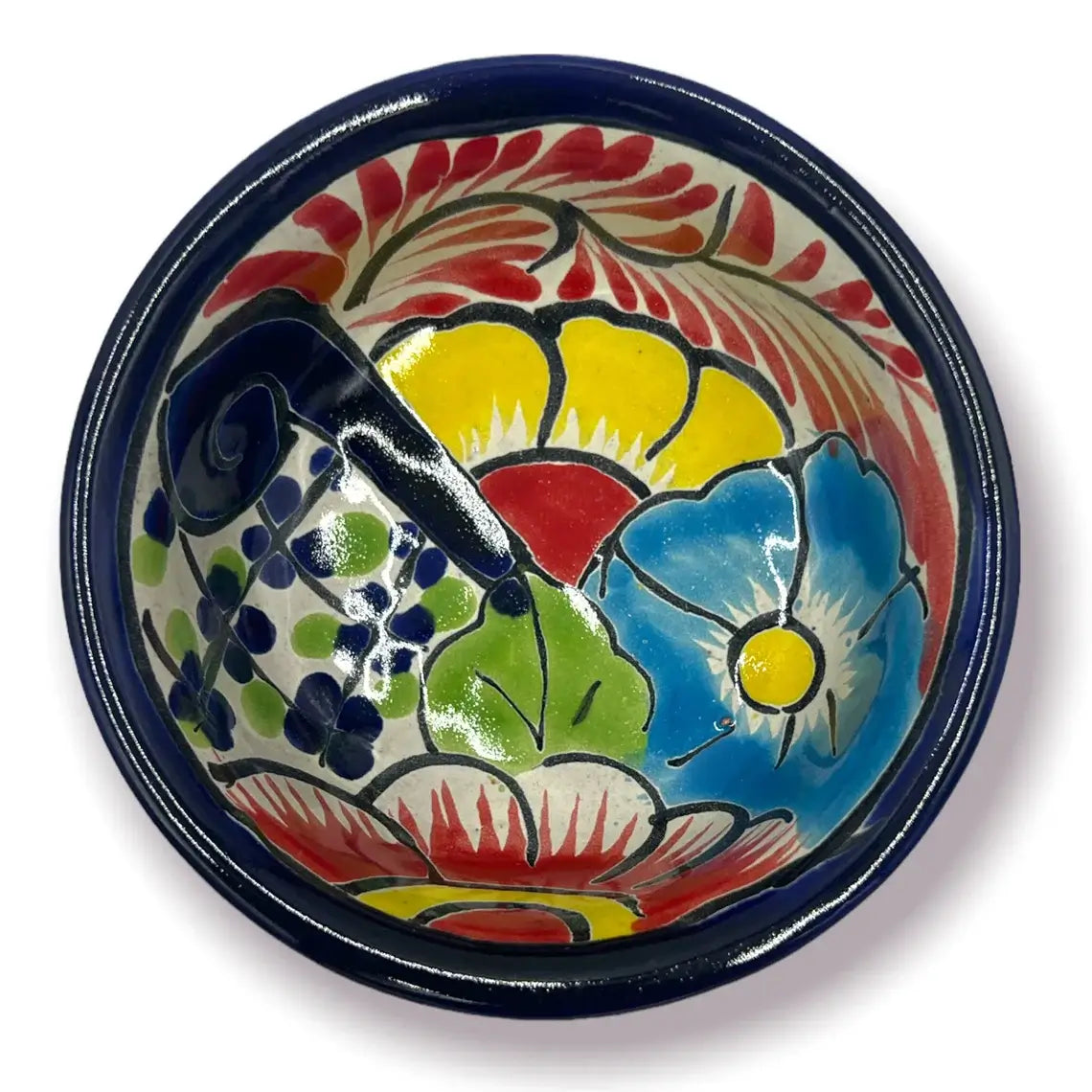 Talavera Salsa Bowl | Hand-Painted Mexican Ceramic Sauce Dish hand-painted floral Talavera ceramic bowl with cobalt rim, bright multicolor glaze