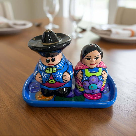 Hand-Painted Talavera Salt & Pepper Shakers | Couple on Tray - hand-painted cobalt blue couple on matching tray, kiln-fired lead-free glaze