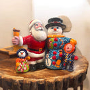 Talavera Santa & Snowman Statue | Hand-Painted Christmas Decor - Hand-painted Talavera Santa and snowman family statue from Guanajuato, kiln-fired lead-free glaze
