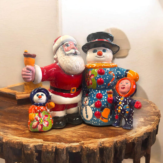 Talavera Santa & Snowman Statue | Hand-Painted Christmas Decor - Hand-painted Talavera Santa and snowman family statue from Guanajuato, kiln-fired lead-free glaze