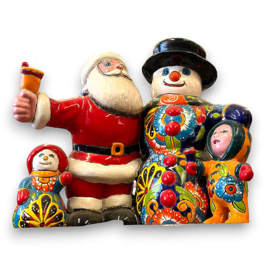 Talavera Santa & Snowman Statue | Hand-Painted Christmas Decor, hand-painted Talavera Santa and snowman holiday figurine