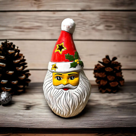 Hand-Painted Talavera Santa Statue | Festive Christmas Decoration (Medium) - handcrafted red-hat Santa with white beard and holly, rustic holiday decor
