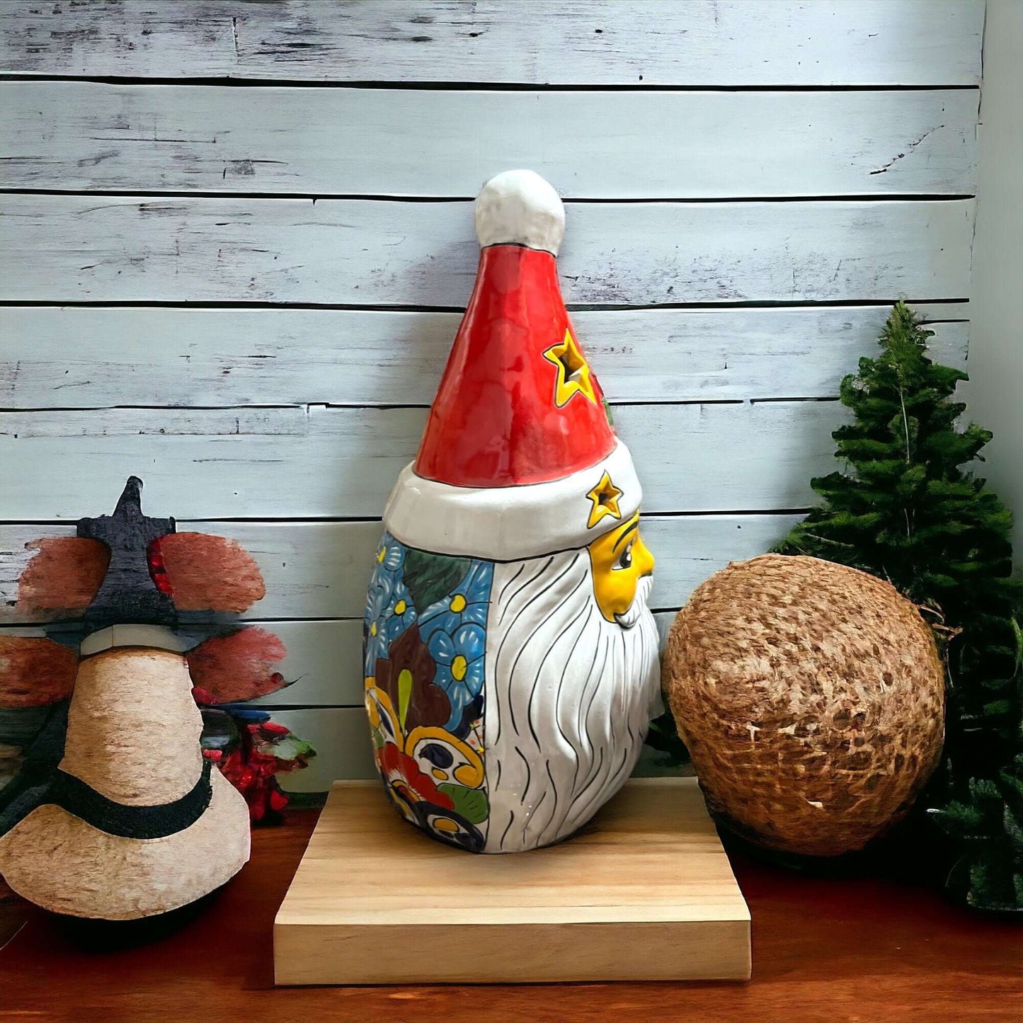 Hand-Painted Talavera Santa Statue | Festive Christmas Decoration (Medium) colorful hand-painted Mexican ceramic Santa with red hat on wooden stand