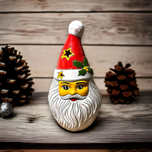 Hand-Painted Talavera Santa Statue | Festive Christmas Decoration (Medium) - handcrafted red-hat Santa with white beard and holly, rustic holiday decor