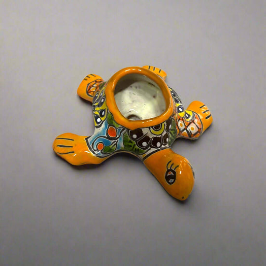 Hand-Painted Talavera Sea Turtle | Mini Vibrant Planter - hand-painted orange Talavera turtle planter for succulents, handcrafted in Guanajuato, Mexico