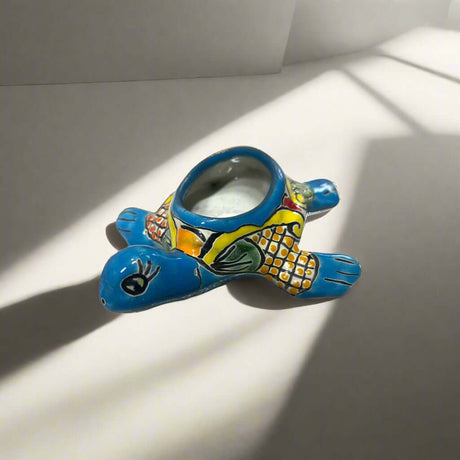 Hand-Painted Talavera Sea Turtle | Mini Vibrant Planter - hand-painted Talavera turtle planter from Guanajuato, Mexico for succulents