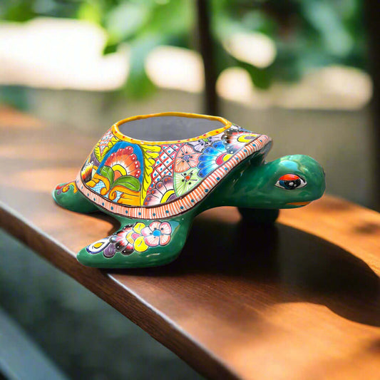 Talavera Sea Turtle Planter | Hand-Painted Mexican Ceramic Pot hand-painted colorful turtle planter, kiln-fired lead-free glaze, vibrant Talavera design