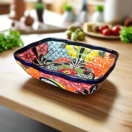 Talavera Serving Dish | Large Hand-Painted Mexican Ceramic Bowl hand-painted rectangular Talavera serving dish from Guanajuato, vibrant colors