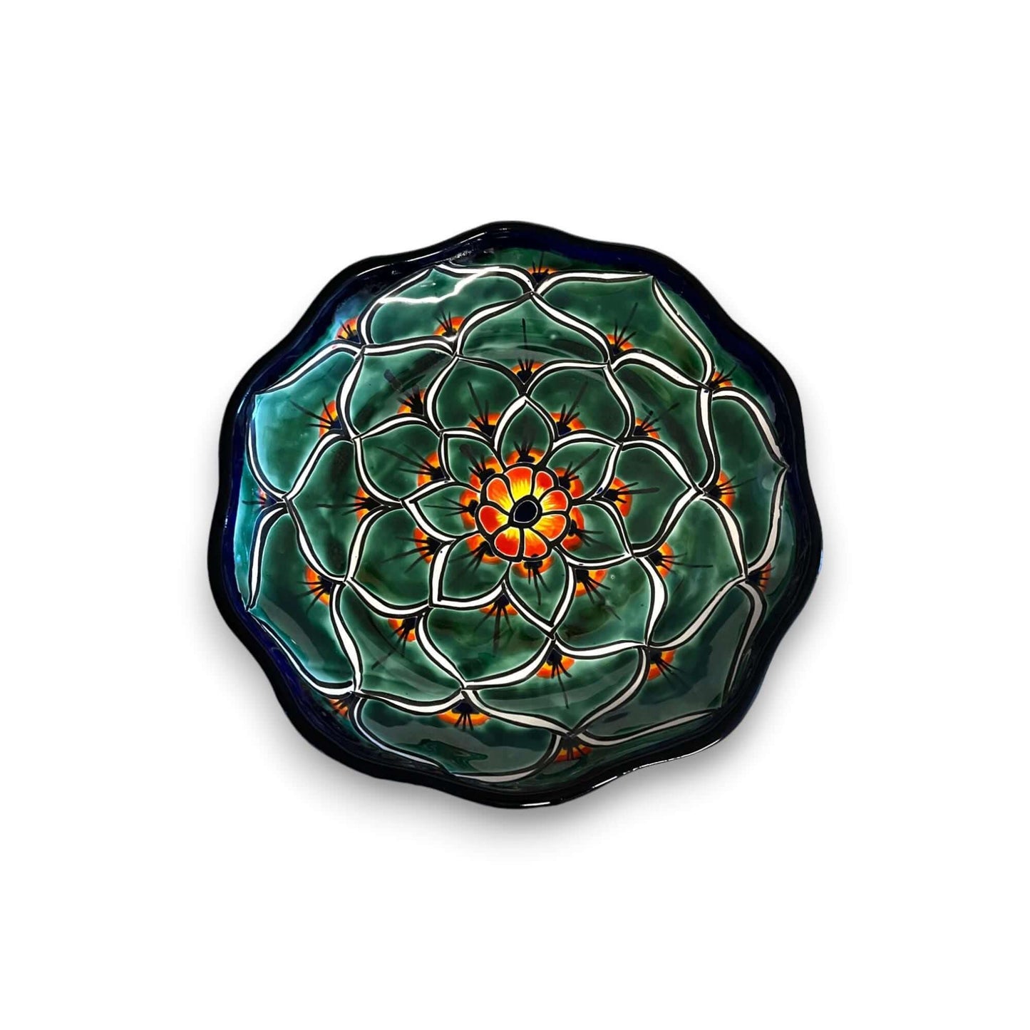 Talavera Serving Plate | Hand-Painted Peacock Design - Vibrant traditional Talavera plate with green peacock motif, hand-painted in Guanajuato, Mexico