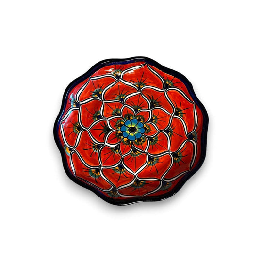Talavera Serving Plate | Hand-Painted Peacock Design - vibrant red hand-painted traditional Talavera plate from Guanajuato, decorative serving piece
