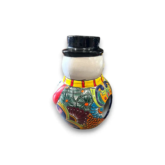 Talavera Snowman Figurine | Festive Hand-Painted Holiday Art - hand-painted Talavera snowman with black hat, colorful floral patterns and star cutouts