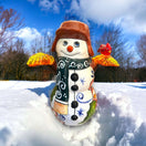 Hand-Painted Talavera Snowman Statue | Festive Christmas Decor (Medium) - hand-painted colorful ceramic snowman in snow with cardinal