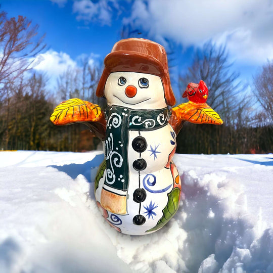 Hand-Painted Talavera Snowman Statue | Festive Christmas Decor (Medium) - hand-painted colorful ceramic snowman in snow with cardinal
