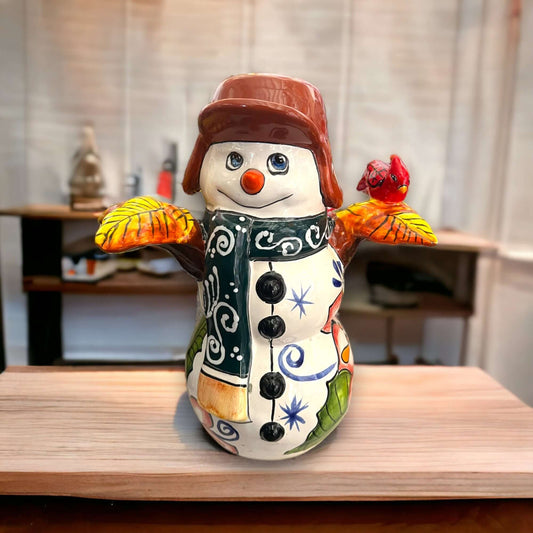 Hand-Painted Talavera Snowman Statue | Festive Christmas Decor (Medium) colorful hand-painted ceramic snowman with bird on arm