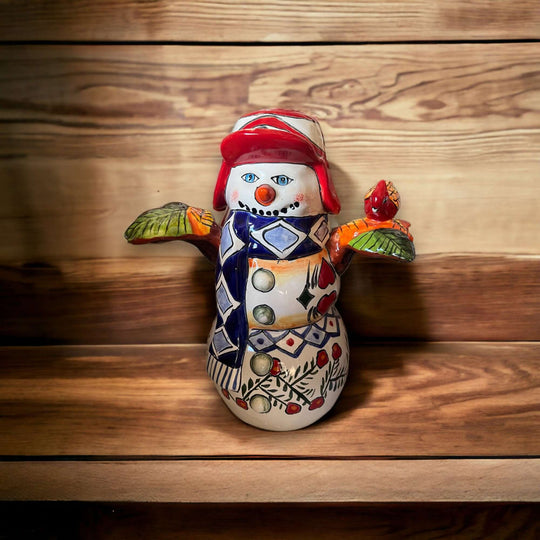 Hand-Painted Talavera Snowman Statue | Festive Christmas Decor (Medium) - hand-painted Talavera snowman with red hat and colorful floral patterns