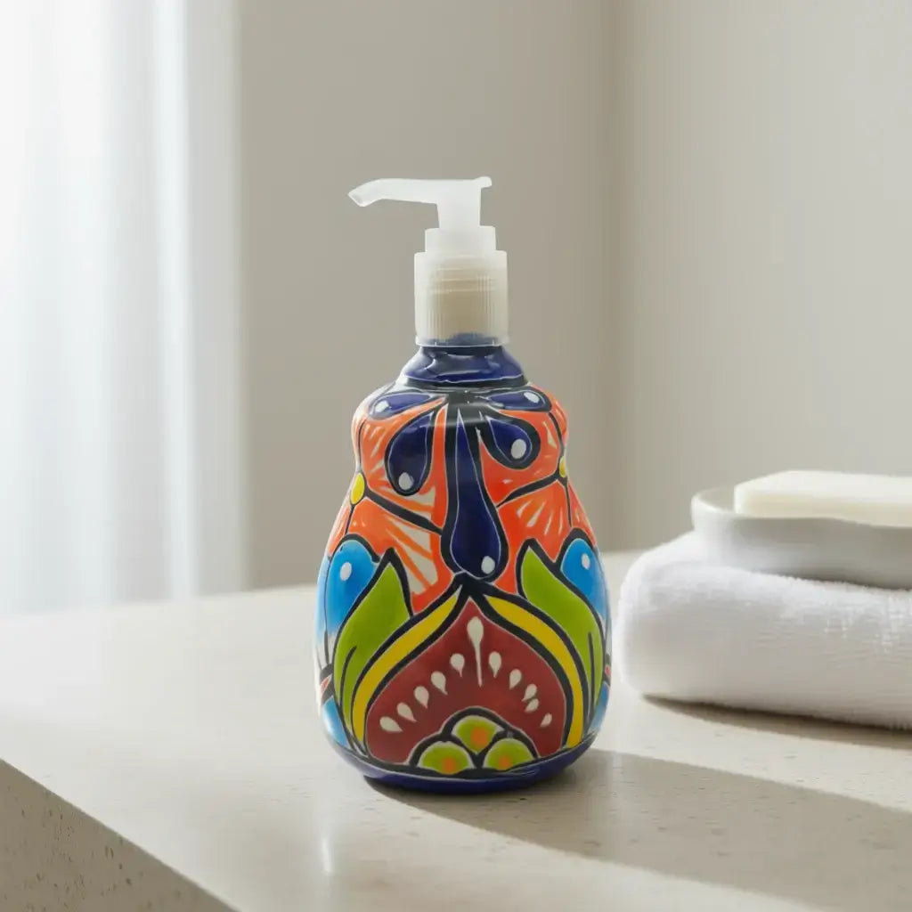 Talavera Soap Dispenser | Hand-Painted Mexican Ceramic Bathroom Decor - hand-painted multicolor Talavera ceramic pump for sink