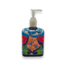 Hand-Painted Talavera Soap Pump | Colorful Ceramic Dispenser — square hand-painted Mexican ceramic soap dispenser with red blue orange floral design