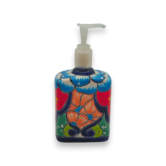 Hand-Painted Talavera Soap Pump | Colorful Ceramic Dispenser — square hand-painted Mexican ceramic soap dispenser with red blue orange floral design