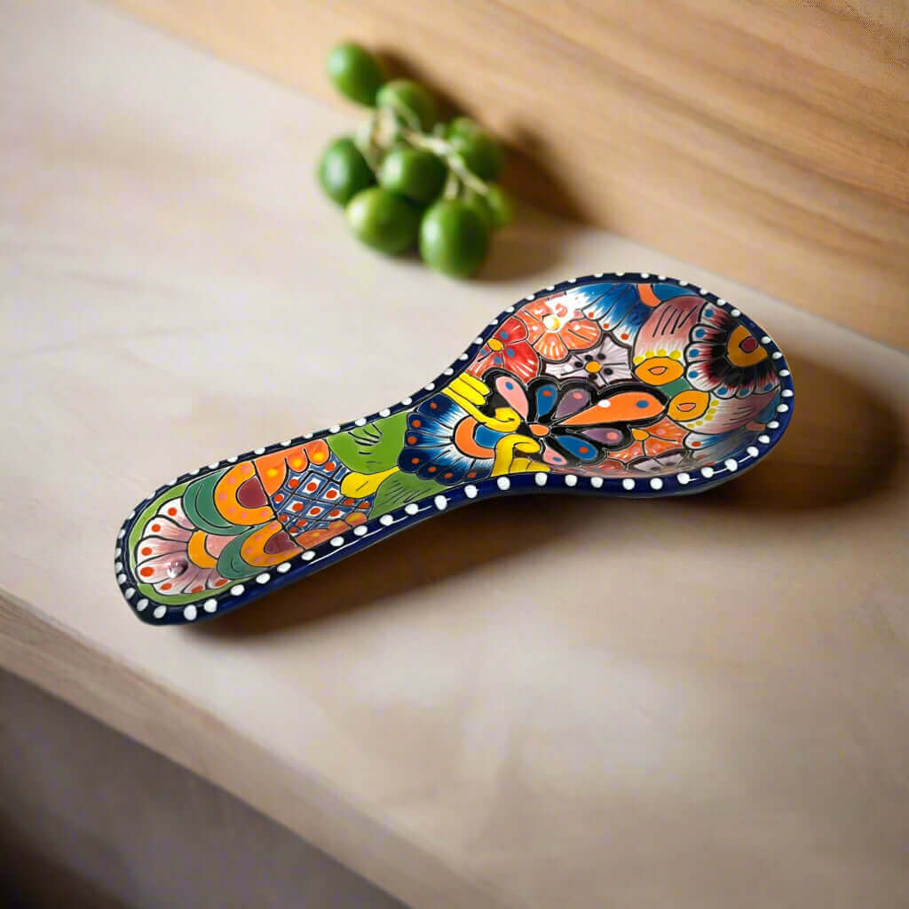 Custom Talavera Dinnerware Set | Hand-Painted Mexican Ceramic - hand-painted Talavera spoon rest with colorful floral pattern